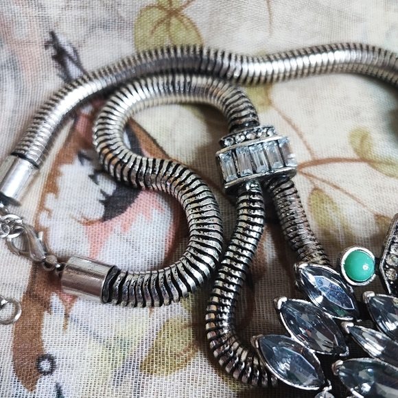 Turquoise Cabochon Statement Necklace Clear Baguette Smoke Navette Stones Pewter - Picture 14 of 15